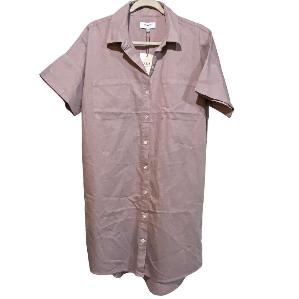 OAT New York Womens SS Shirt Dress Lavender Oversized Button Up  Pockets Cotton